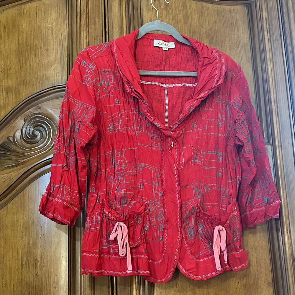 Preppy LanVie Red Crinkle Raw Edge 3/4 Sleeve Bow Extra Lg Front Pockets Jacket